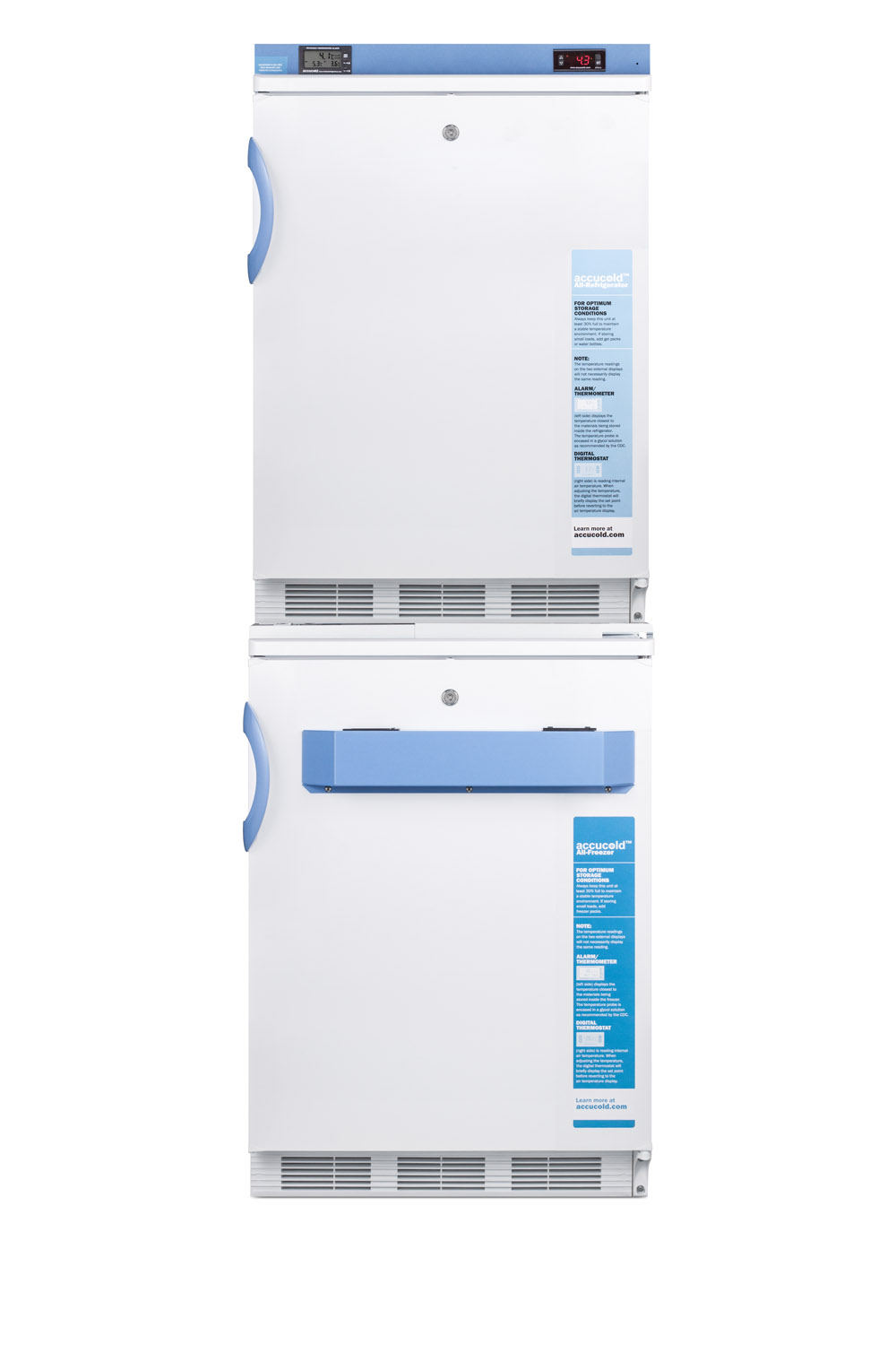 Stacked combination of FF7LWBIMED2 auto defrost all-refrigerator and VT65MLBIMED2 manual defrost -25 C all-freezer, both with locks, digital controls, and NIST calibrated alarm/thermometers
